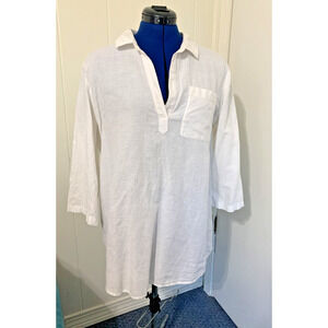 ST TROPEZ WEST Linen Blend White 3/4 Sleeve Popover Tunic Blouse Women's L Vacay